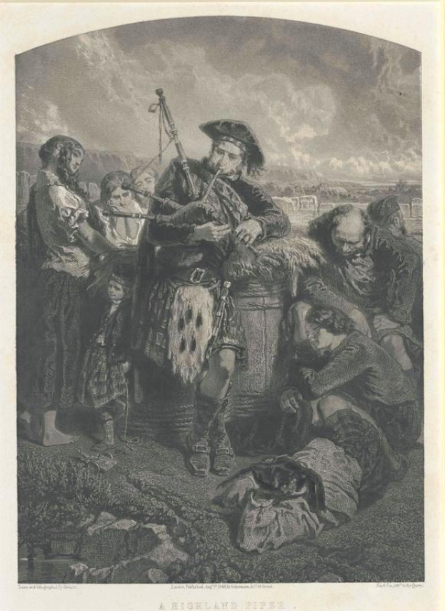 Schwarze und weiße Gravur eines Mannes, der eine Dudelsack vor einer Gruppe von Menschen spielt, mit einem bewölkten Himmel im Hintergrund, mit der Inschrift "Ein Highland-Pfeife" unten.