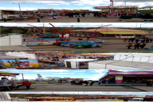 Eine Faschingszene mit Menschen, die herumstehen, umgeben von Buden, Fahrgeschäften, Pfählen, Lichtern, Bäumen und einem bewölkten Himmel.