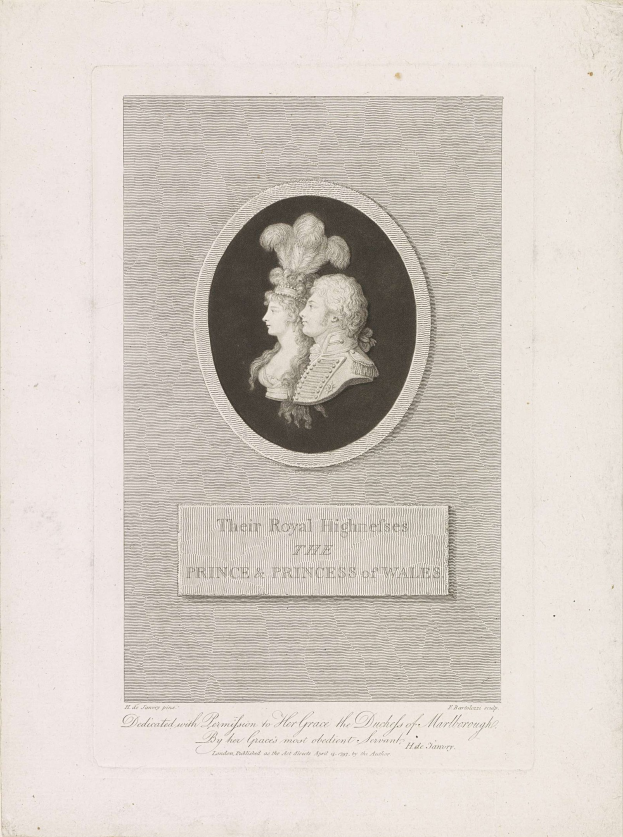 Schwarzes-weißes Bild einer Zeitung mit einem Foto des Prinzen und der Prinzessin von Wales mit Text.