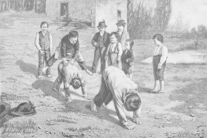 Schwarz-weißes Bild von Kindern auf einem Feld, mit zwei Jungen, die in der Mitte kämpfen, während die anderen zusehen; ein Hut und Text sind links sichtbar.