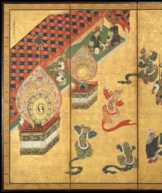 Japanisches Vier-Paneel-Bildschirm mit einer Malerei eines Mannes und einer Frau auf einem schwarzen Hintergrund, mit leuchtenden Farben und detaillierten Elementen.