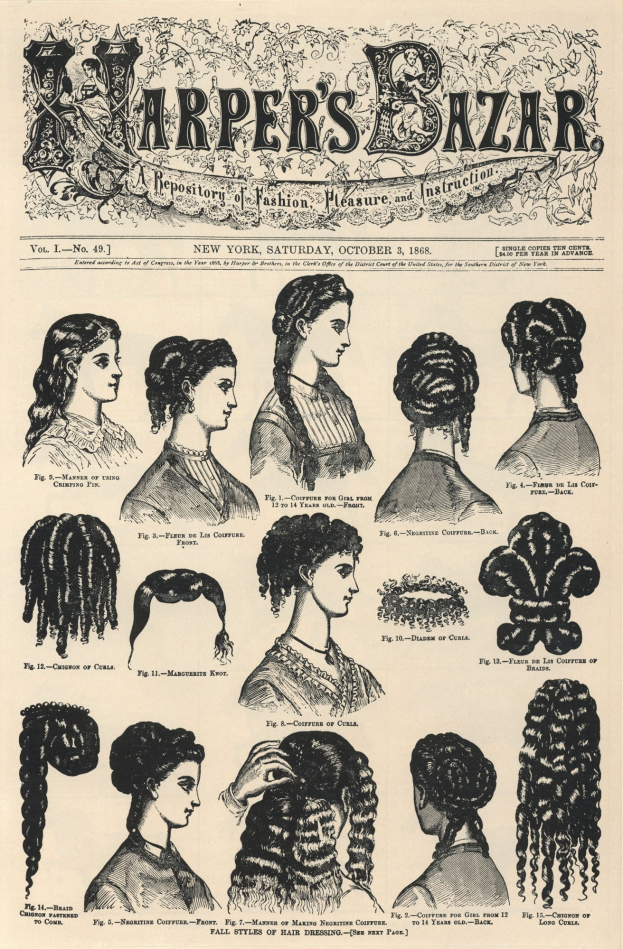 Schwarz-weiß-Bilder von Frauen mit verschiedenen Frisuren aus Harper's Bazaar, begleitet von Text auf einem Papierhintergrund.