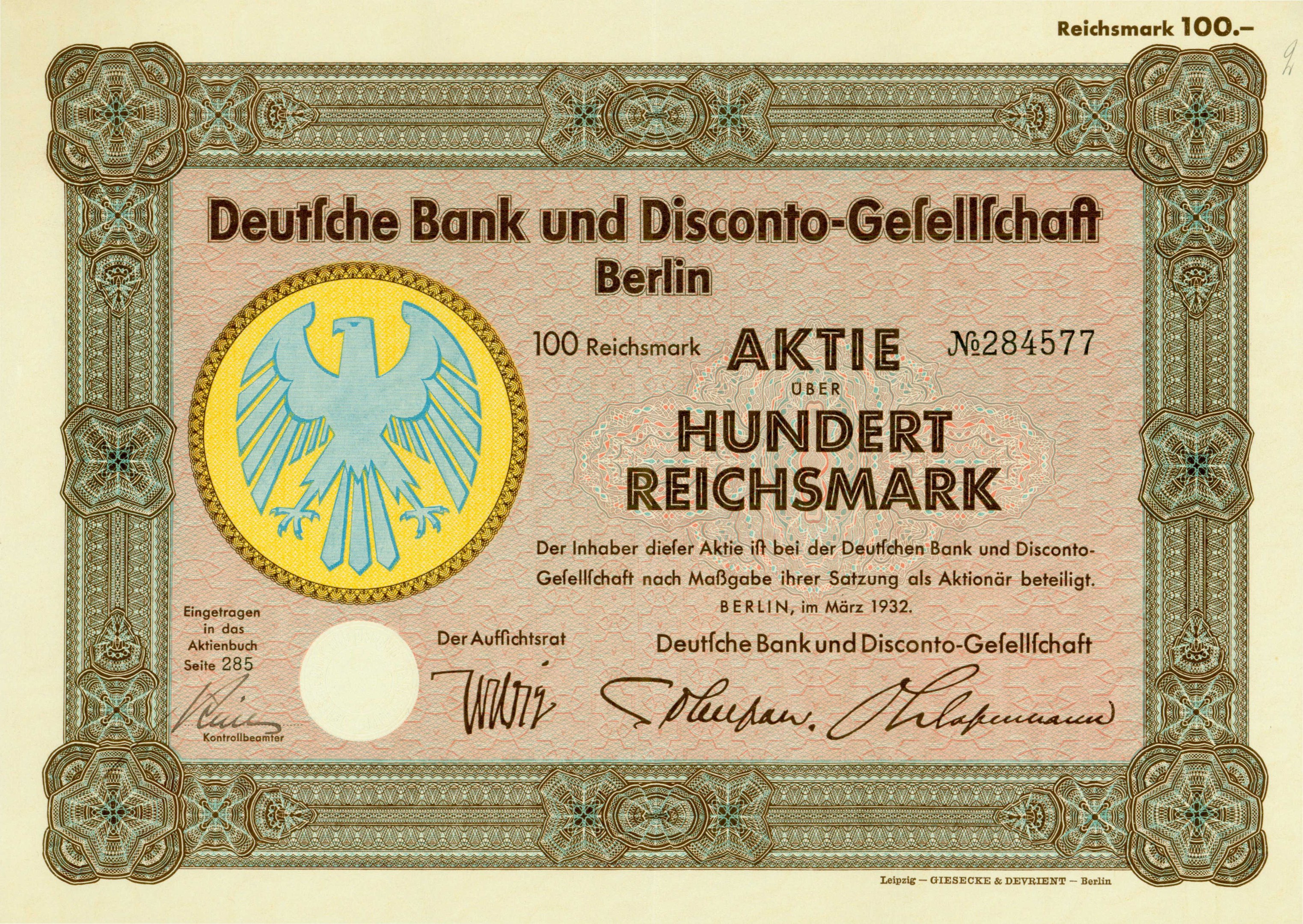 Alte deutsche Banknote mit einem Vogel-Design und dem Text "Deutsche Bank und Disconto-Gesellschaft Berlin".