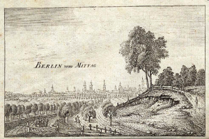 Eine Gravur von Berlin aus Mittag, Deutschland, mit Bäumen, Menschen, einem Zaun und einem Himmel im Hintergrund sowie einigen Schriftzügen auf dem Papier.