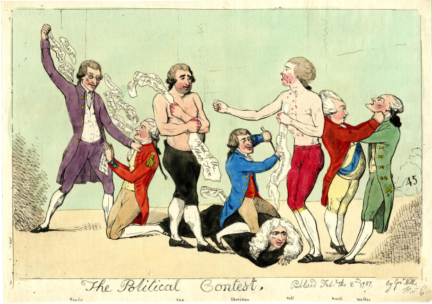 Ein politischer Cartoon, der eine Gruppe von Menschen in verschiedenenfarbigen Kleidern zeigt, wobei eine Person in der Mitte auf dem Boden liegt, und der Text "Der politische Wettbewerb" unten.