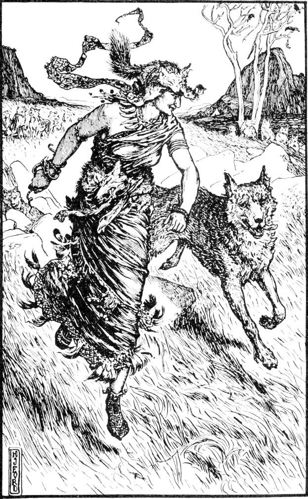 Schwarze und weiße Illustration einer Frau, die neben einem Wolf durch eine Waldlandschaft mit Hügeln und Himmel läuft, mit der Beschriftung "Der Wolf und die Frau" unten.