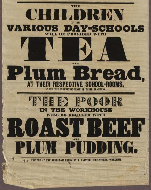 Ein Blatt Papier mit einer Textankündigung, dass Kinder aus verschiedenen Tagesschulen Tee, Pflaumenbrot, Braten und Pflaumenpudding erhalten werden.