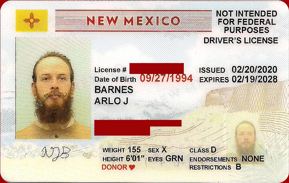 Neues Führerschein-Foto aus New Mexico mit einem Mannsbild, Text und numerischen Informationen.