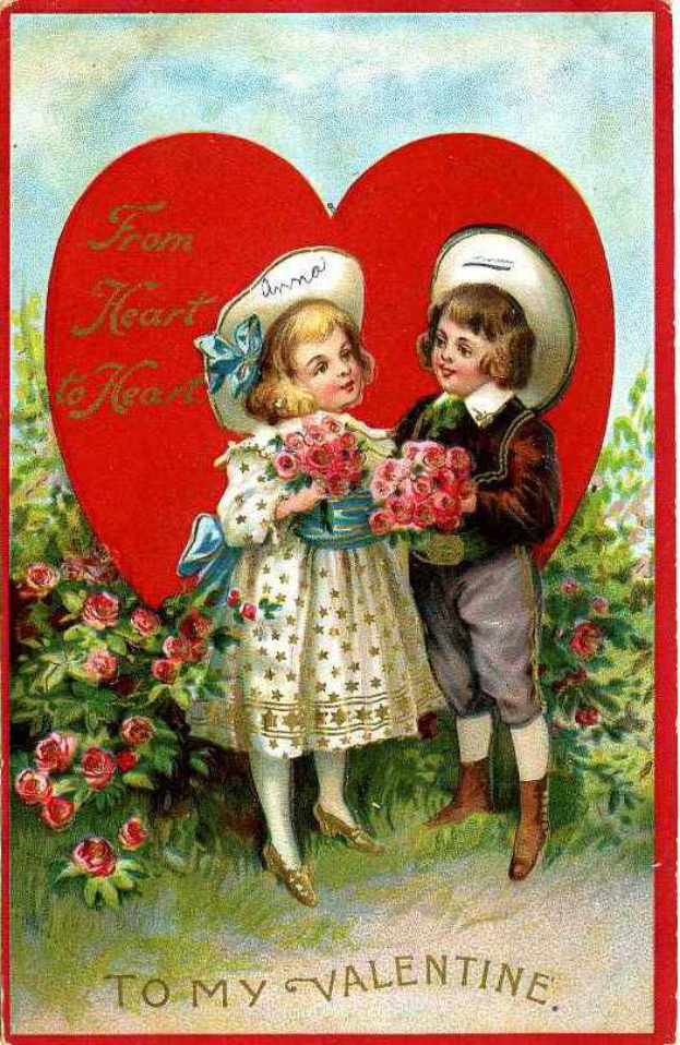 Eine altmodische Valentinstagskarte mit zwei Kindern, die Blumen vor einem Herzen halten, vor einem Hintergrund aus üppiger Vegetation und einem blauen Himmel, mit Text, der wahrscheinlich Valentinstag-Grüße enthält.