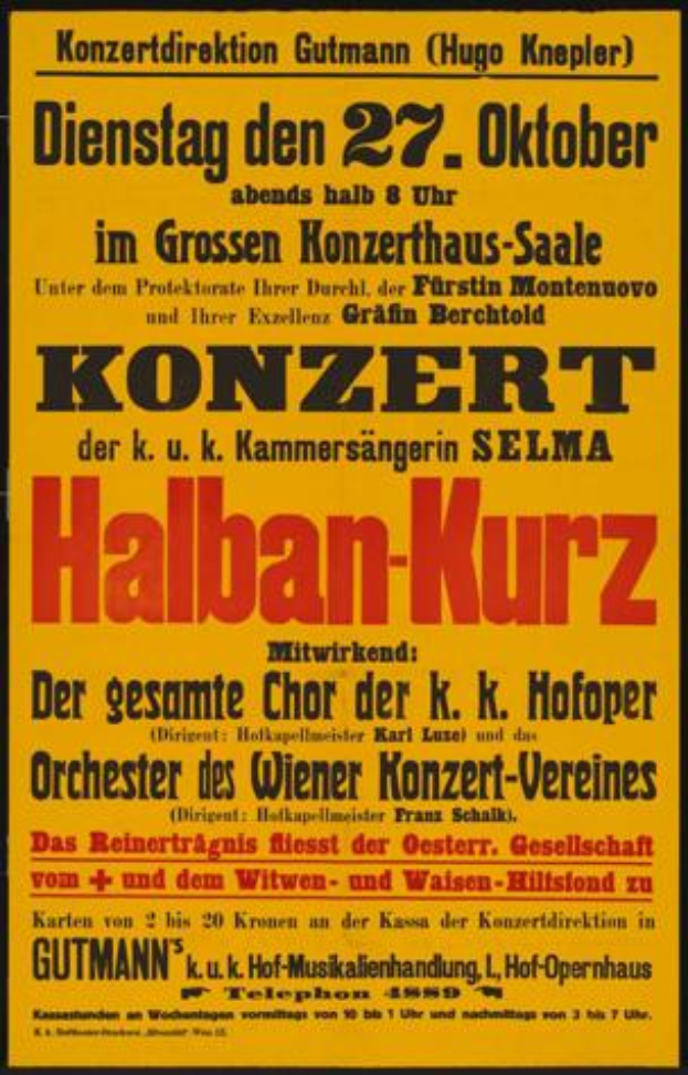 Ein gelbes Plakat wirbt für ein Konzert in Berlin, Deutschland, mit der Aufschrift 'Konzert Halban-Kurz'.