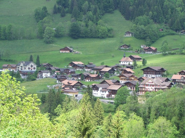 Kleines Dorf mit bunten Häusern verschiedener Größen in einer grünen Talsenke umgeben von Bäumen und Gras.