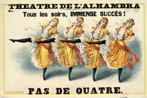 Ein Plakat für das Théâtre de l'Alhambra in Paris, Frankreich, das eine Gruppe von Frauen in bunten Kleidern tanzt und lächelt.
