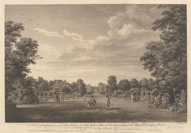 Ein Blick auf den Garten vor dem Gartenhaus in Ball Hall, mit Bäumen, Menschen, einem Wagen, Pflanzen und einem bewölkten Himmel, mit Text am unteren Bildrand.