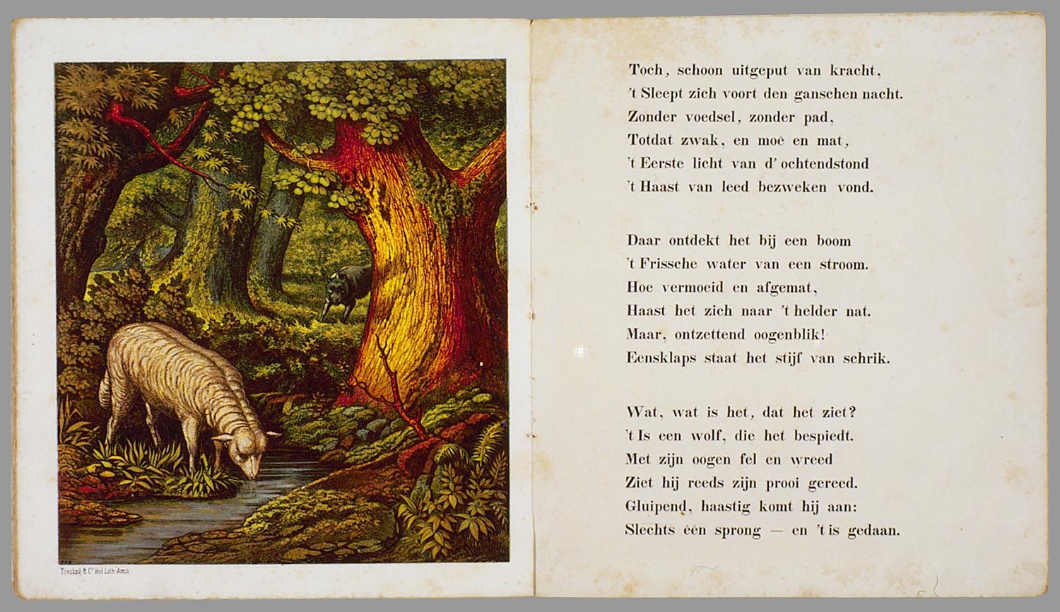 Offenes Buch mit einem Bild eines Schafs, das auf einer bewaldeten Fläche grast, umgeben von Bäumen, Pflanzen und Wasser, mit einem Text auf der rechten Seite, der 'Die Geschichte des Schafs' lautet.