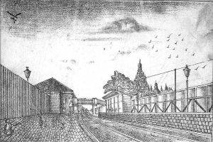 Eine Schwarz-Weiß-Zeichnung des Konzentrationslagers Auschwitz-Birkenau mit einem Zug auf den Schienen, umgeben von einem Zaun, Straßenlaternen, Gebäuden, Bäumen und einem Himmel mit fliegenden Vögeln. Der Text "Auschwitz-Birkenau Konzentrationslager" ist unten auf dem Bild zu sehen.
