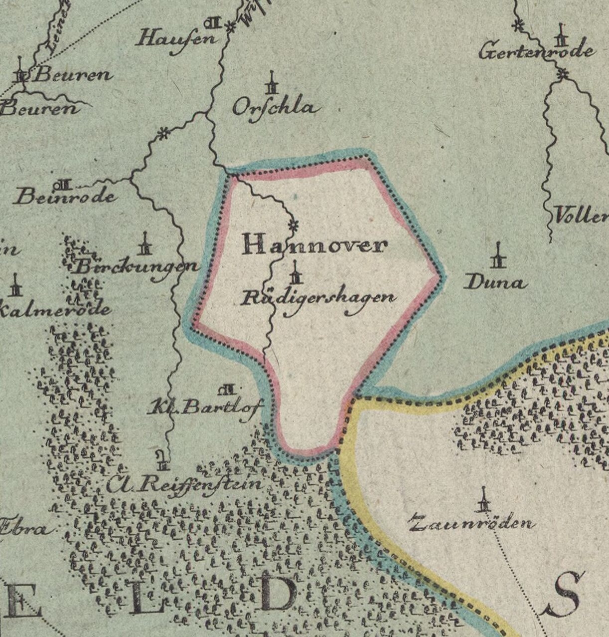 Detailiertes altes Stadtplan von Hannover, Deutschland, zeigt Städte, Ortschaften, geografische Merkmale, Bevölkerung, Straßen und Sehenswürdigkeiten mit begleitendem Text.