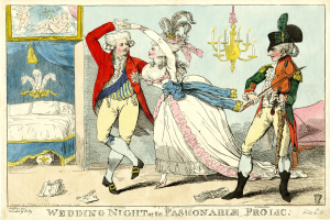 Eine Karikatur eines Mannes und einer Frau, die auf einer Hochzeit tanzen, beleuchtet von einem Kronleuchter, mit einem Bett, einem Wandrahmen und verschiedenen Gegenständen auf dem Boden; der Text unten lautet "Hochzeitsnacht oder das modebewusste Vergnügen".