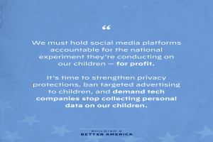 Ein Plakat mit einem Zitat aus Building a Better America, das besagt: "Wir müssen die Social-Media-Plattformen für das nationale Experiment zur Rechenschaft ziehen, das sie an unseren Kindern durchführen - zum Profit.", dekoriert mit Sternen.