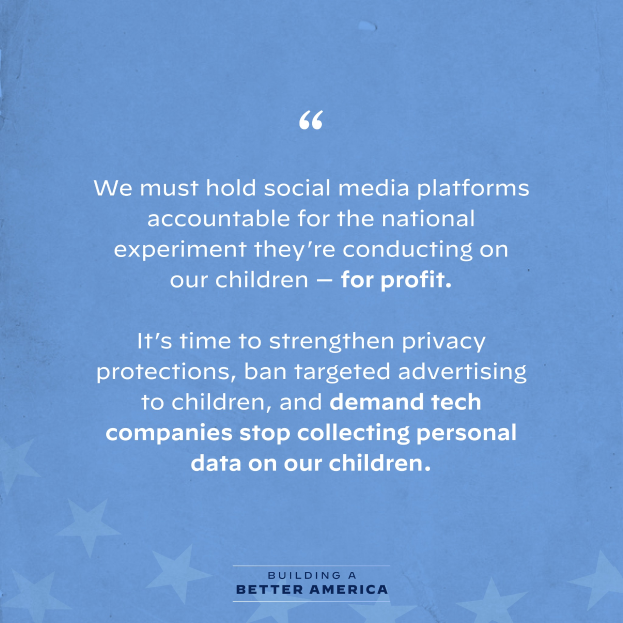 Ein Plakat mit einem Zitat aus Building a Better America, das besagt: "Wir müssen die Social-Media-Plattformen für das nationale Experiment zur Rechenschaft ziehen, das sie an unseren Kindern durchführen - zum Profit.", dekoriert mit Sternen.