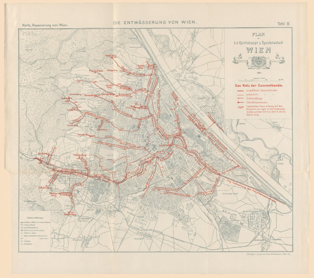 Alte Karte von Wien, Deutschland, mit roten Linien, die eine Bahnroute markieren, auf altem Papier mit Text gedruckt.