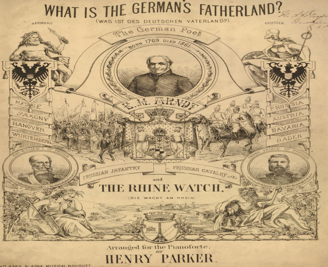 Eine Zeitschrift mit Bildern von Menschen und dem Titel "Was ist das Vaterland der Deutschen? Die Rheinwacht von Henry Parker."