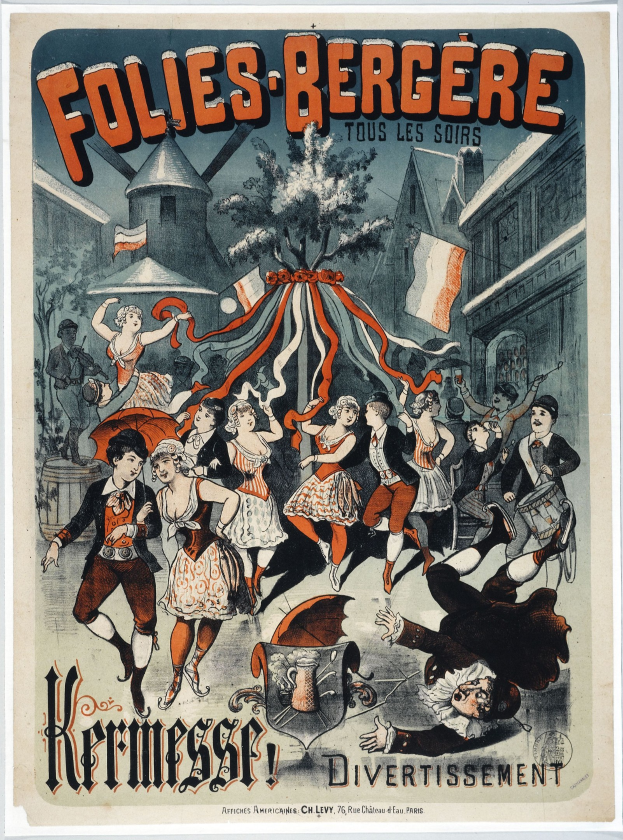Plakat für das Folies Berg├Ęre-Festival in Paris, das tanzende Menschen in Vordergrund zeigt, mit Geb├Ąuden, B├Ąumen und Fahnen im Hintergrund und Text, der das Ereignis ankündigt.