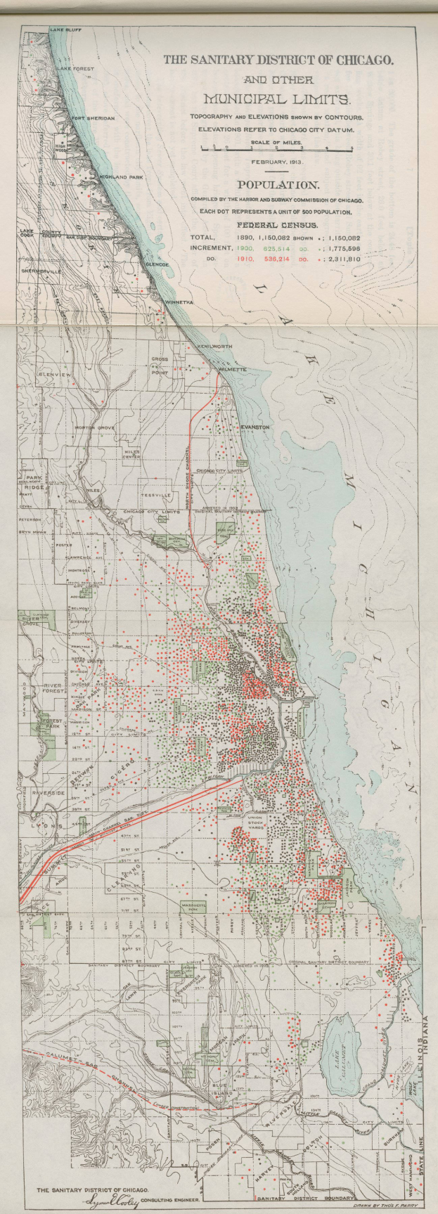 Ein altes Stadtplan von Chicago, der den Sanitären Bezirk zeigt, mit begleitendem Text.