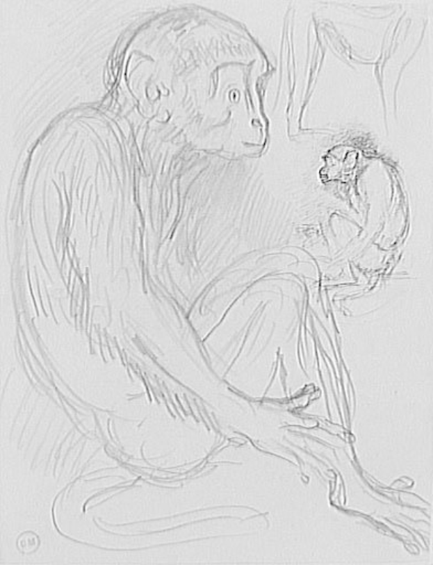 Eine Skizze eines hellbraunen Affen, der auf dem Boden sitzt und ein Baby in den Armen hält, mit geschlossenen Augen und einem sanften Gesichtsausdruck, während das Baby ihn mit einem zufriedenen Lächeln ansieht.