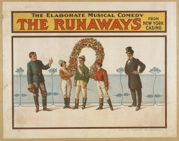 Plakat für die Musical-Comedy "Runaways" im New Yorker Casino, das eine Gruppe von Menschen in einer Reihe zeigt, wobei einer einen Blumenstrauß hält und der Text das Schauspiel beschreibt.
