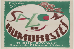 Plakat, das eine Humoristenten-Soirée in Paris, Frankreich, ankündigt und Text, der die Angebote beschreibt.