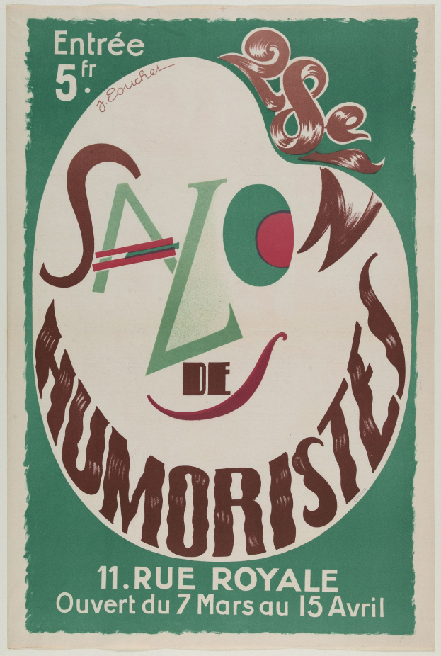 Plakat, das eine Humoristenten-Soirée in Paris, Frankreich, ankündigt und Text, der die Angebote beschreibt.