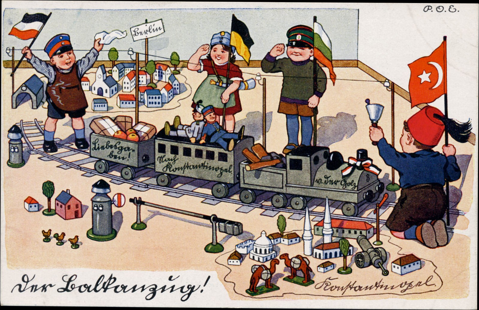 Kinder spielen mit einem Spielzeugrennzug auf einem Eisenbahngeleise in einer Miniaturdorf-Szenerie mit Häusern, Bäumen und anderen Gegenständen, mit Text unten.