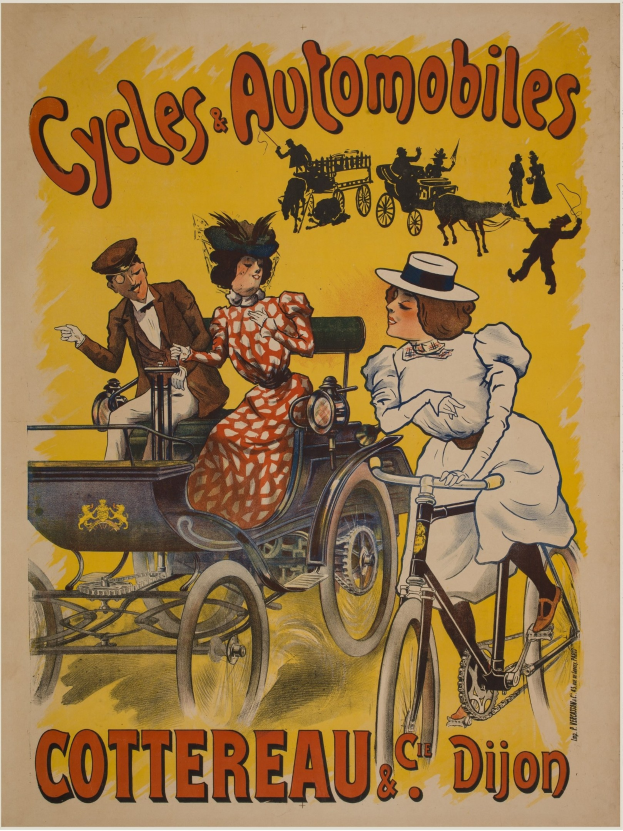Plakat zur Förderung von Fahrrädern und Automobilen in Cottereau und Dijon, Frankreich, mit Menschen auf Fahrrädern und einer Kutsche mit "Fahrräder und Automobile" oben drauf.