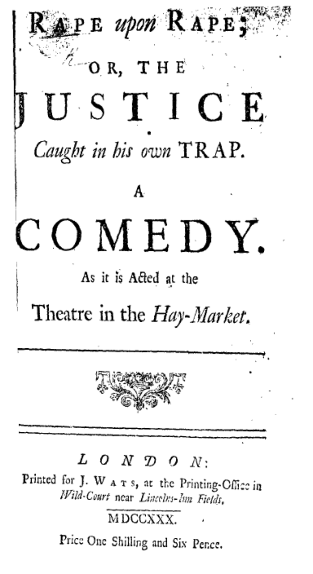 Ein schwarz-weißes Plakat mit fetter, schwarzer Schrift, auf dem "Vergewaltigung auf Vergewaltigung oder die Gerechtigkeit, die in ihrer eigenen Falle gefangen ist" steht, wahrscheinlich Ankündigung einer Comedy-Show.