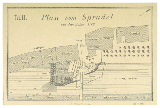 Ein Plakat mit einem detaillierten Plan von Spruidel, Deutschland, und begleitendem Text, der die Stadt beschreibt.