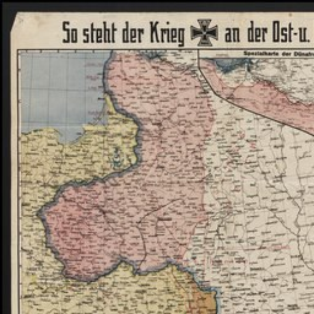 Eine gerahmte Karte von Deutschland mit dem Text "So Steht der Krieg an der Ost-U" darüberglegt.