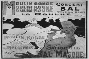 Ein Schwarz-Weiß-Plakat, das ein Moulin-Rouge-Konzert in Paris ankündigt, mit einem Mann und einer Frau, die tanzen, und Text darauf.