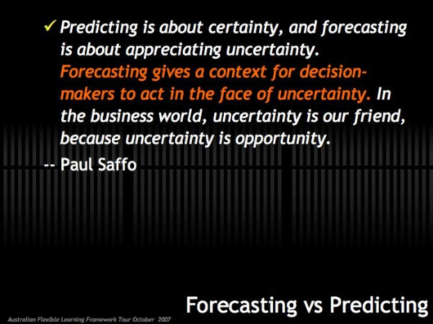 Schwarzer Hintergrund mit weißer Schrift, die besagt: "Forecasting vs Predicting: Predicting is about certainty, and forecasting is about appreciating uncertainty."