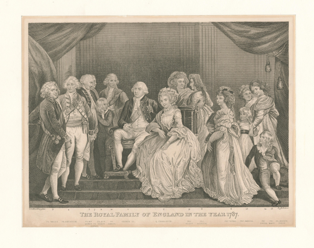 Eine Gruppenporträtaufnahme der englischen Königsfamilie im Jahr 1787, die auf einer Treppe mit Vorhängen im Hintergrund steht und sitzt, einschließlich Text unten.