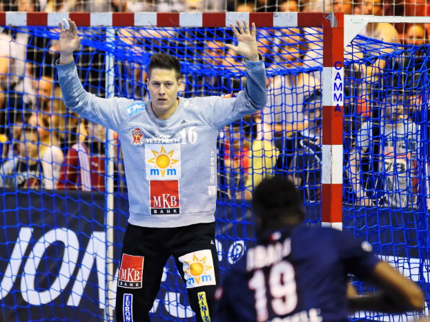 Handballspieler mit erhobenen Händen vor einem Tor bei der Futsal-Weltmeisterschaft 2019, mit Zuschauern und einem Banner im Hintergrund.