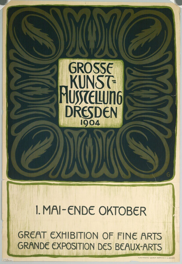 Plakat für die Große Kunstausstellung der Schönen Künste in Dresden, Deutschland, 1904, mit auffälliger Schrift, die das Ereignis ankündigt.