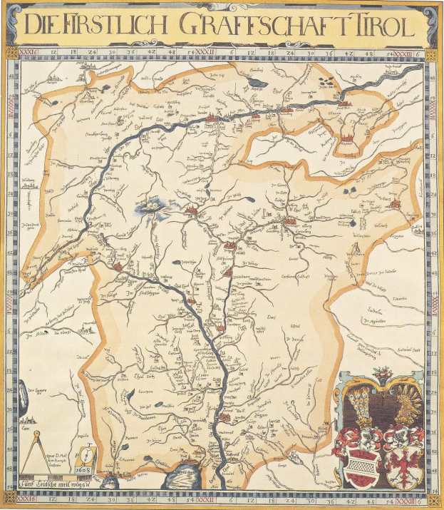 Ein detailliertes historisches Plakat der ersten Grafschaft Tirol, das eine Karte mit geografischen Merkmalen wie Flüssen, Bergen und Städten zeigt, begleitet von erklärendem Text.