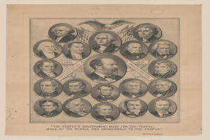 Ein Blatt Papier mit verschiedenen, strahlenden Individuen unterschiedlichen Alters, Geschlechts und Ethnien, mit fetter Schrift, die eine Regierung beschreibt, die vom Volk für das Volk gemacht wurde.