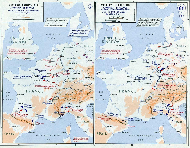 Eine historische Posterkarte von Europa während der Schlacht von Leipzig, unterteilt in Abschnitte für Europa und Frankreich, mit Text und Zahlen, die das Ausmaß des Konflikts und geografische Details angeben.