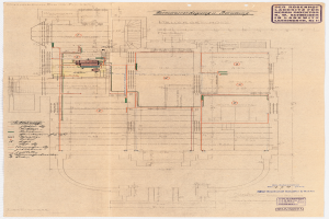 Ein detailliertes architektonisches Zeichnung des Rosenhof-Krankenhauses in Hamburg, Deutschland, mit zahlreichen Drähten und Textbeschreibungen des Layouts, einschließlich Räumen, Fluren und anderen Merkmalen.