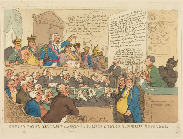 Eine Karikatur einer Gerichtsszene mit einer Gruppe von Menschen, die auf einem Tisch verschiedene Gegenstände und unten Text mit der Aufschrift "Boney's Trial, Sentence and Dying Speech Europe's Injuries Revenged".