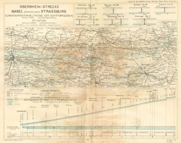 Alte Karte des Basel-Strasburg-Gebiets in Deutschland, die Bahnlinien und Textanmerkungen zeigt.