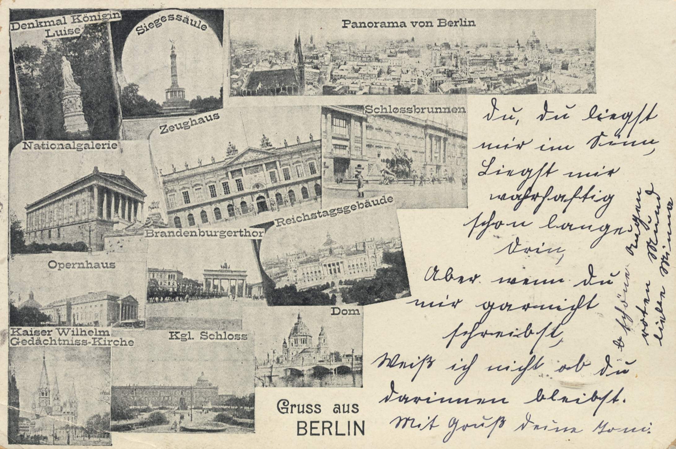 Eine Vintage-Postkarte mit mehreren Abbildungen von Berlin, darunter Gebäude, Bäume und eine Statue, mit handgeschriebener Schrift auf der Rückseite.