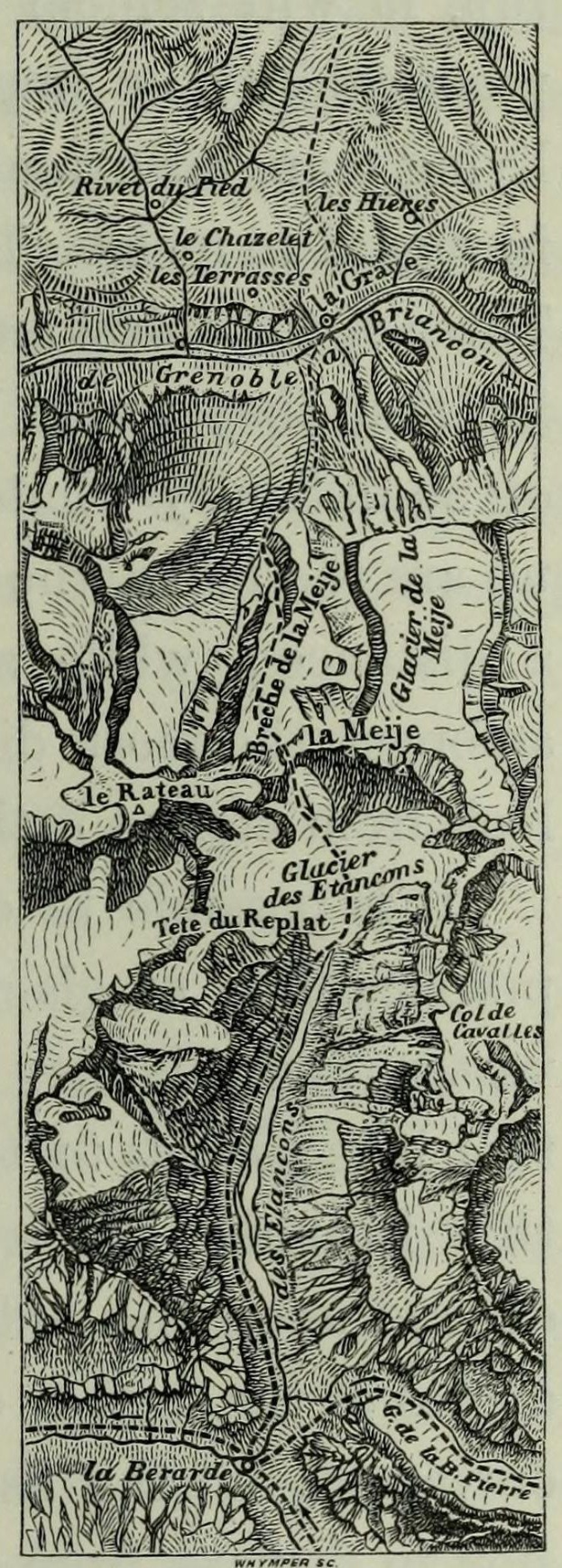 Schwarze und weiße topografische Karte des Rheins mit beschrifteten Höhenangaben, Geländekonturen und geografischen Namen.