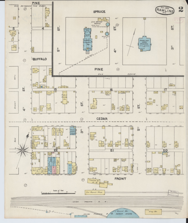 Schwarze-und-Weiße-Karte von San Francisco, Kalifornien, die das Rawlins-Schulbezirk in der Mitte hervorhebt, auf Papier gedruckt mit Text, der das Layout des Schulbezirks beschreibt.